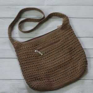 The Sak Tan Crochet Satchel with Mulitple Pockets